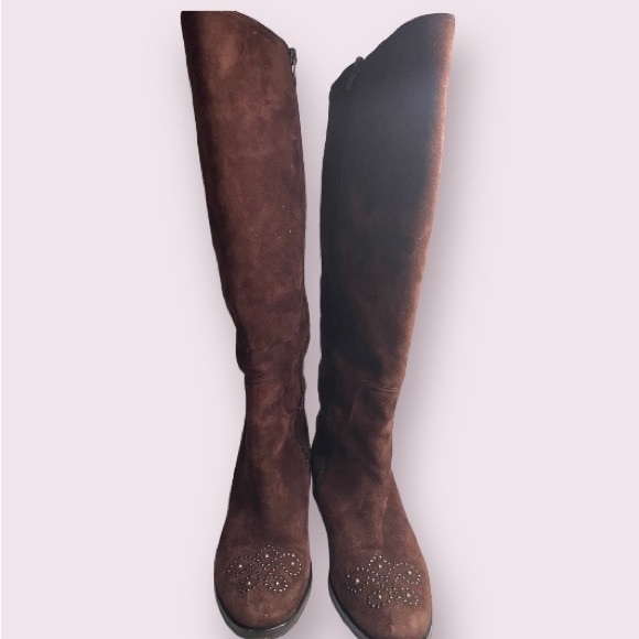 Le Pepe Italian womens Brown suede to the knee boots buckles Size 7 Plum Color - Picture 5 of 16
